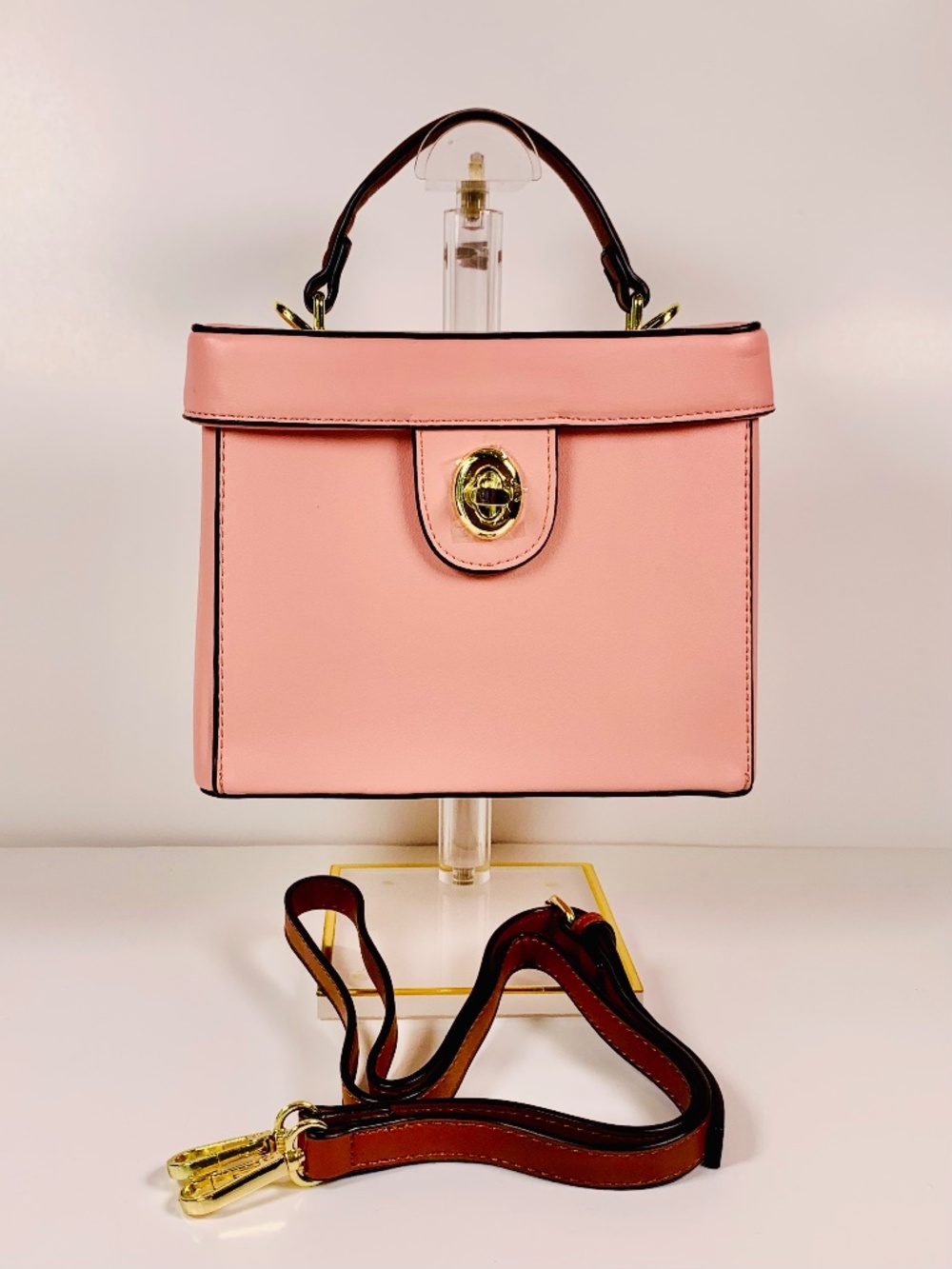 Chic Pink Brown Leather Structured Box Top Handle Shoulder Vanity Purse Retro